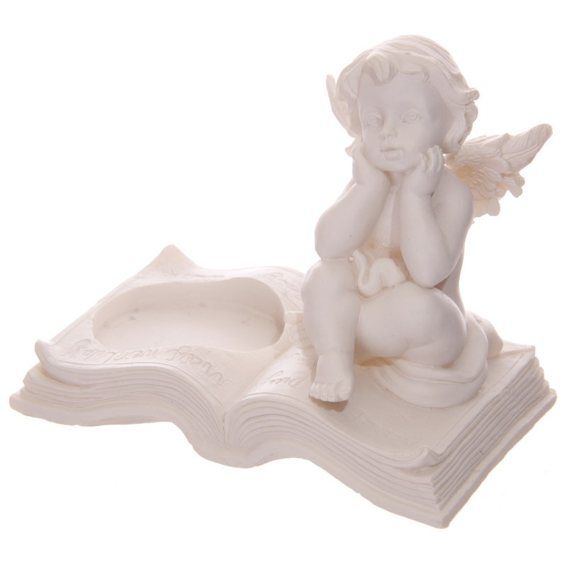 Angel/Cherub Tea Light Holder Posing on an Open Book Resting Face in Hands